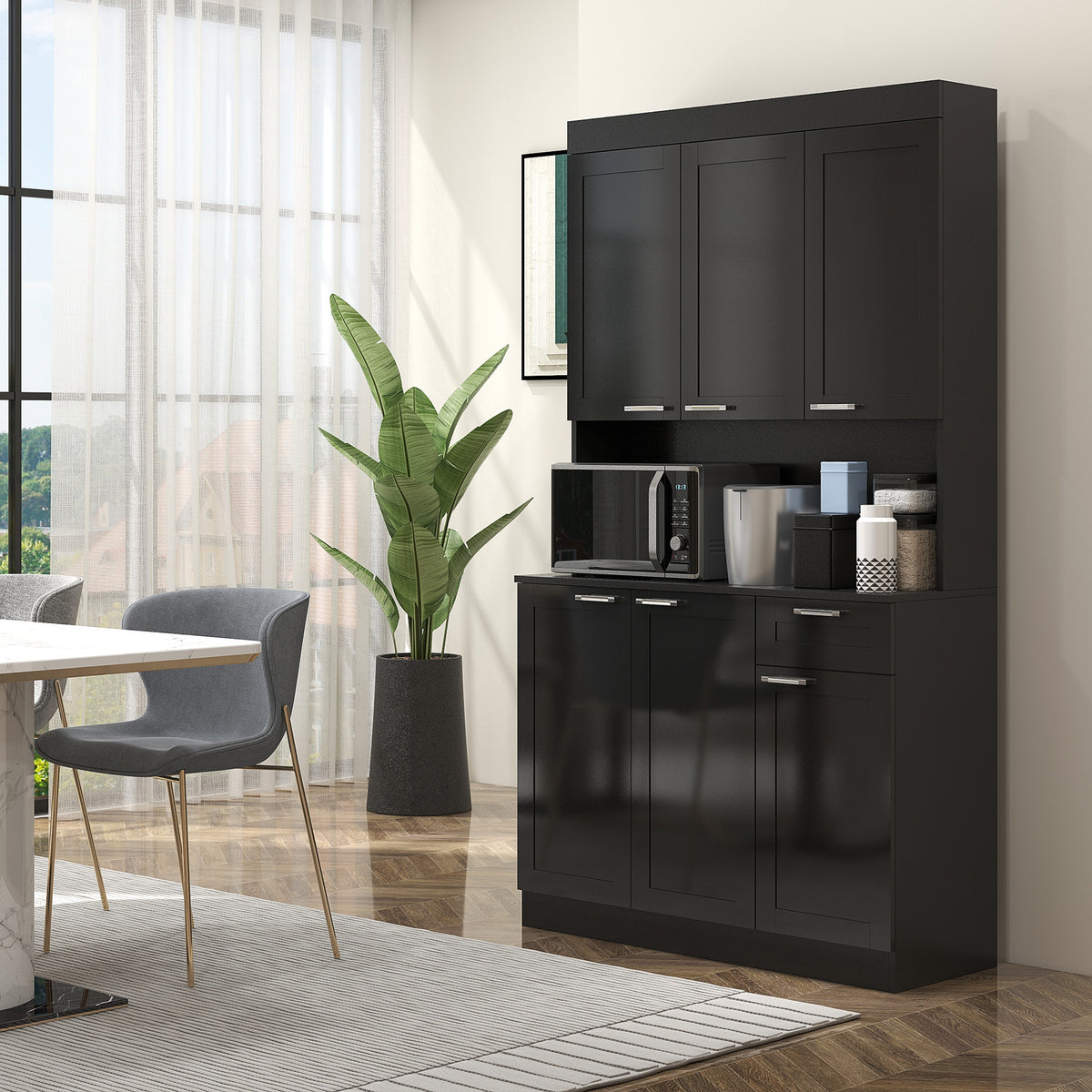 71" Kitchen Pantry Storage Cabinet, Storage Buffet with Hutch, Adjustable Shelves for Living Room, High Gloss Black