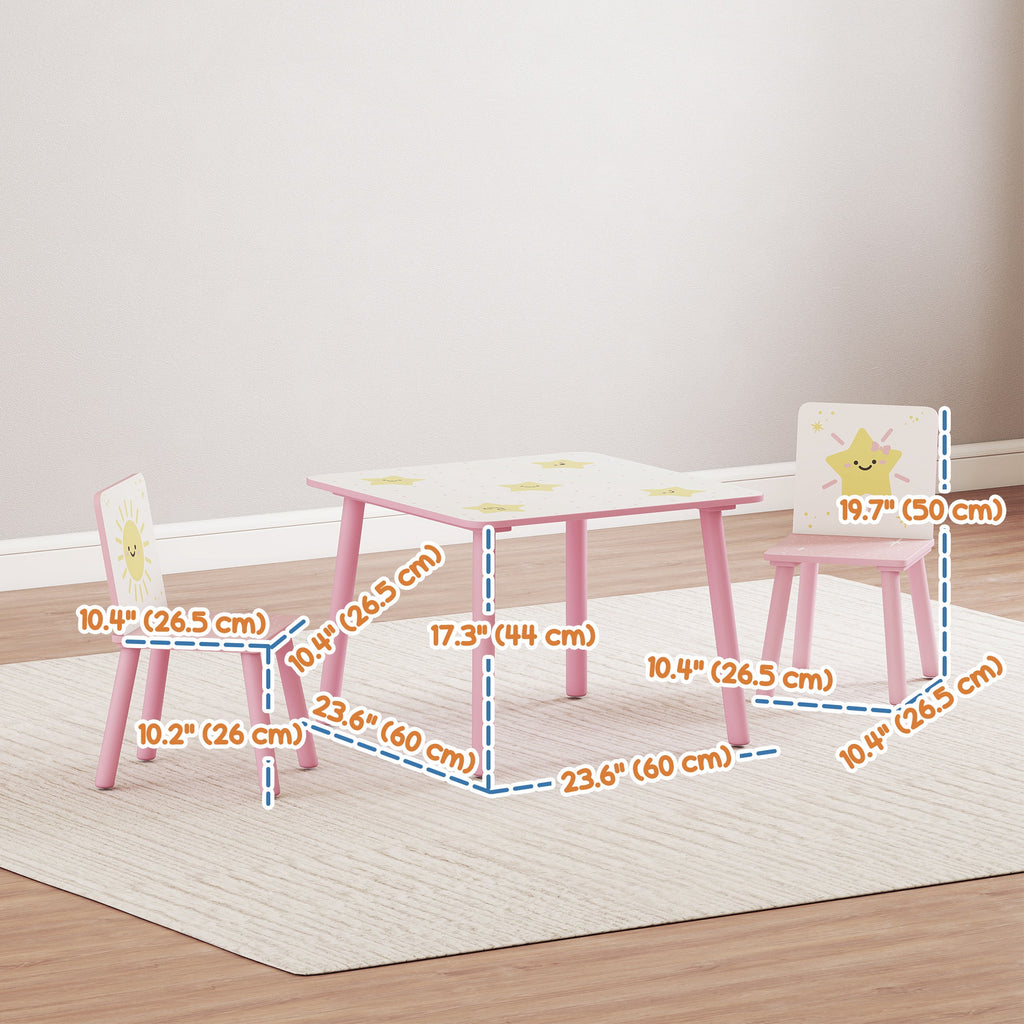 Qaba 3-Piece Kids Table and Chair Set with Star Pattern for Boys and Girls Aged 3-8, Bedroom, Nursery, Playroom, Pink
