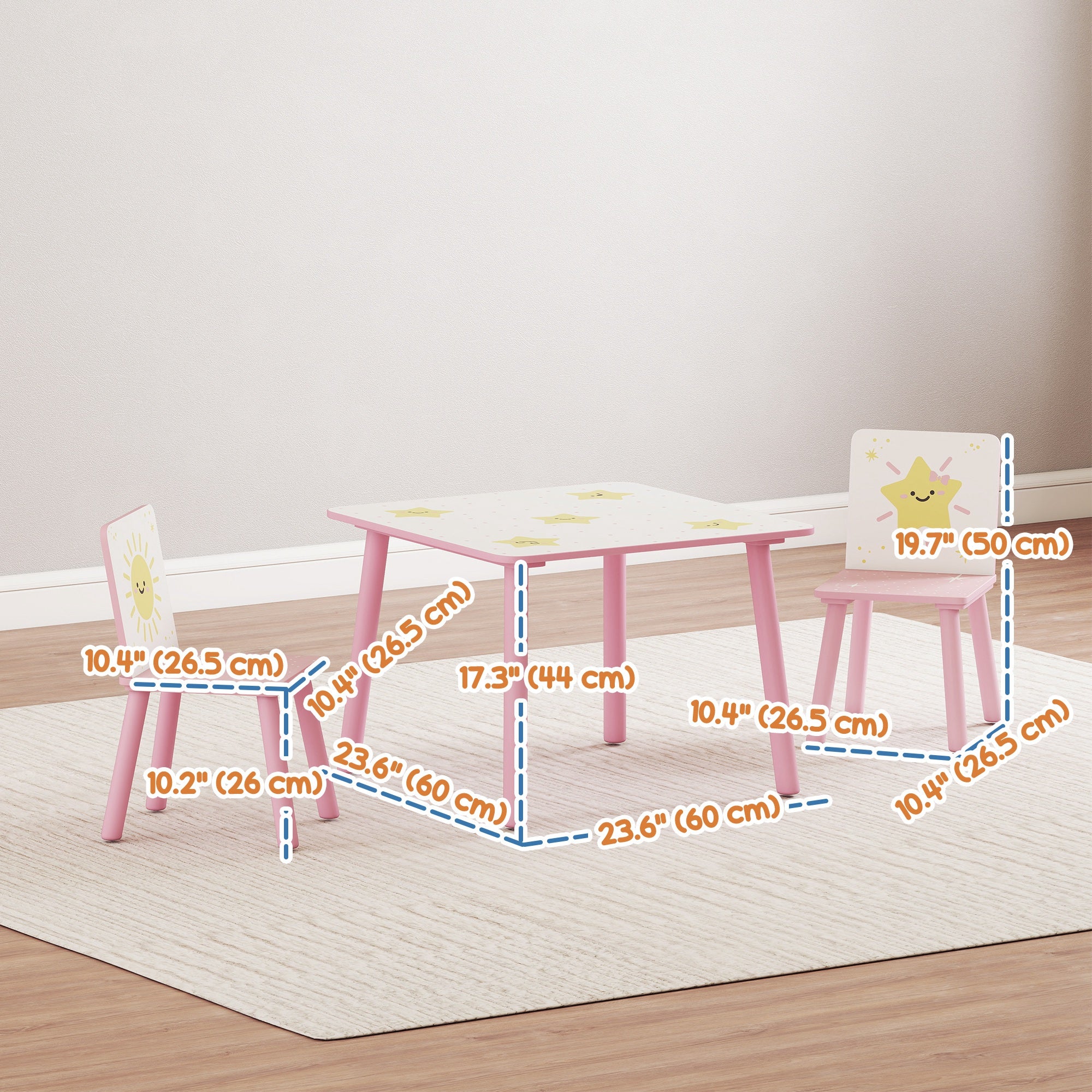 Qaba 3-Piece Kids Table and Chair Set with Star Pattern for Boys and Girls Aged 3-8, Bedroom, Nursery, Playroom, Pink