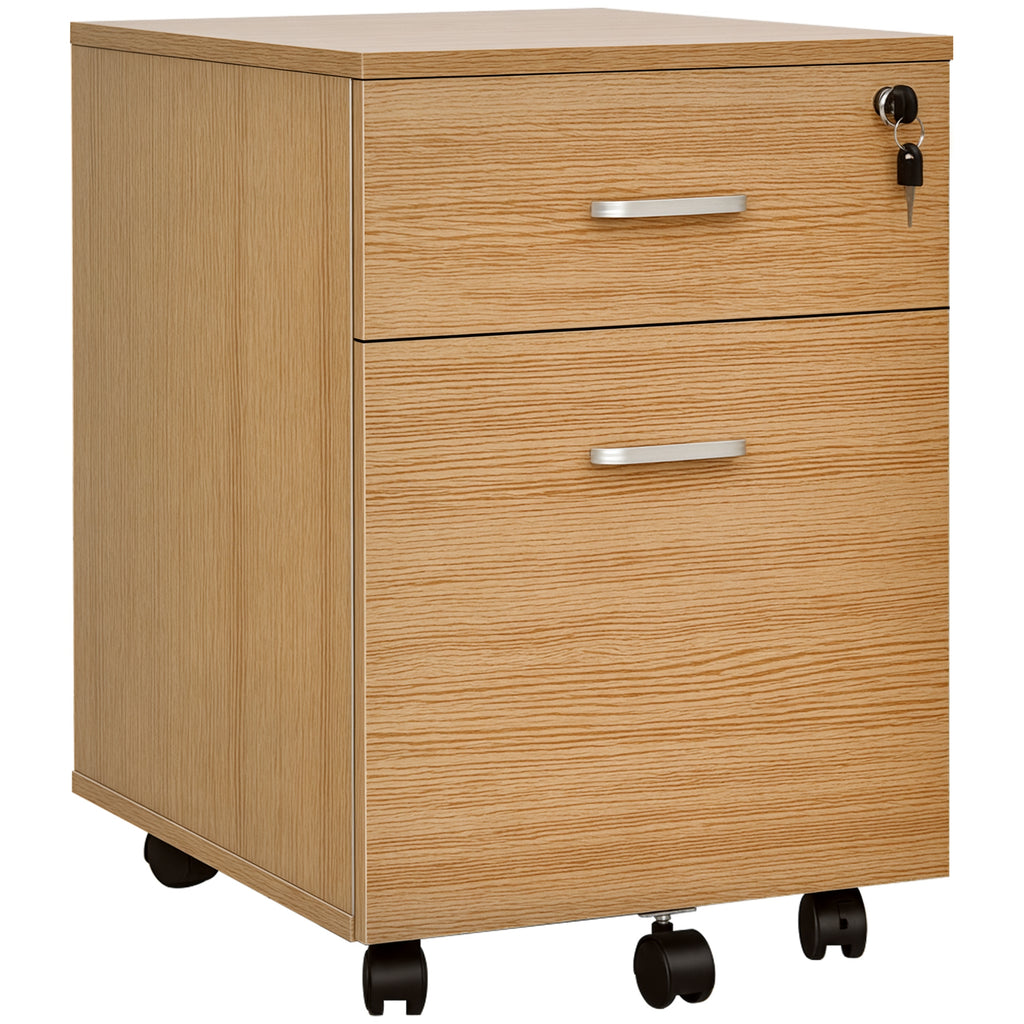 2 Drawer File Cabinet with Lock and Keys, Mobile Vertical Filing Cabinet with Wheels and Drawers, Home Office Cabinet, Natural
