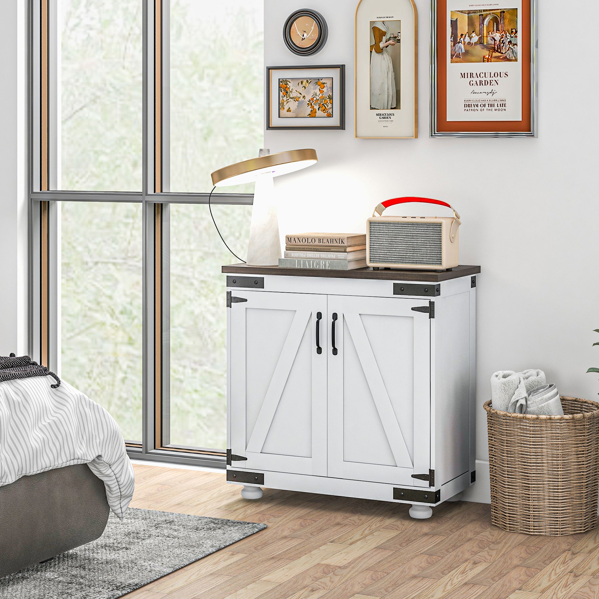 Sideboard Buffet, Kitchen Storage Cabinet with Barn Door and Adjustable Shelves, White and Brown