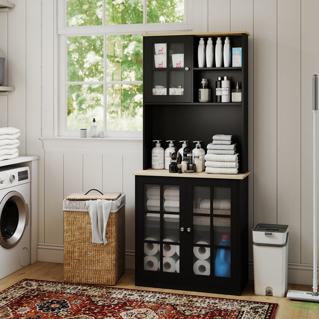 Kitchen Buffet with Hutch, Storage Pantry with 3 Cabinets, 2 Open Shelves and Large Countertop, Black