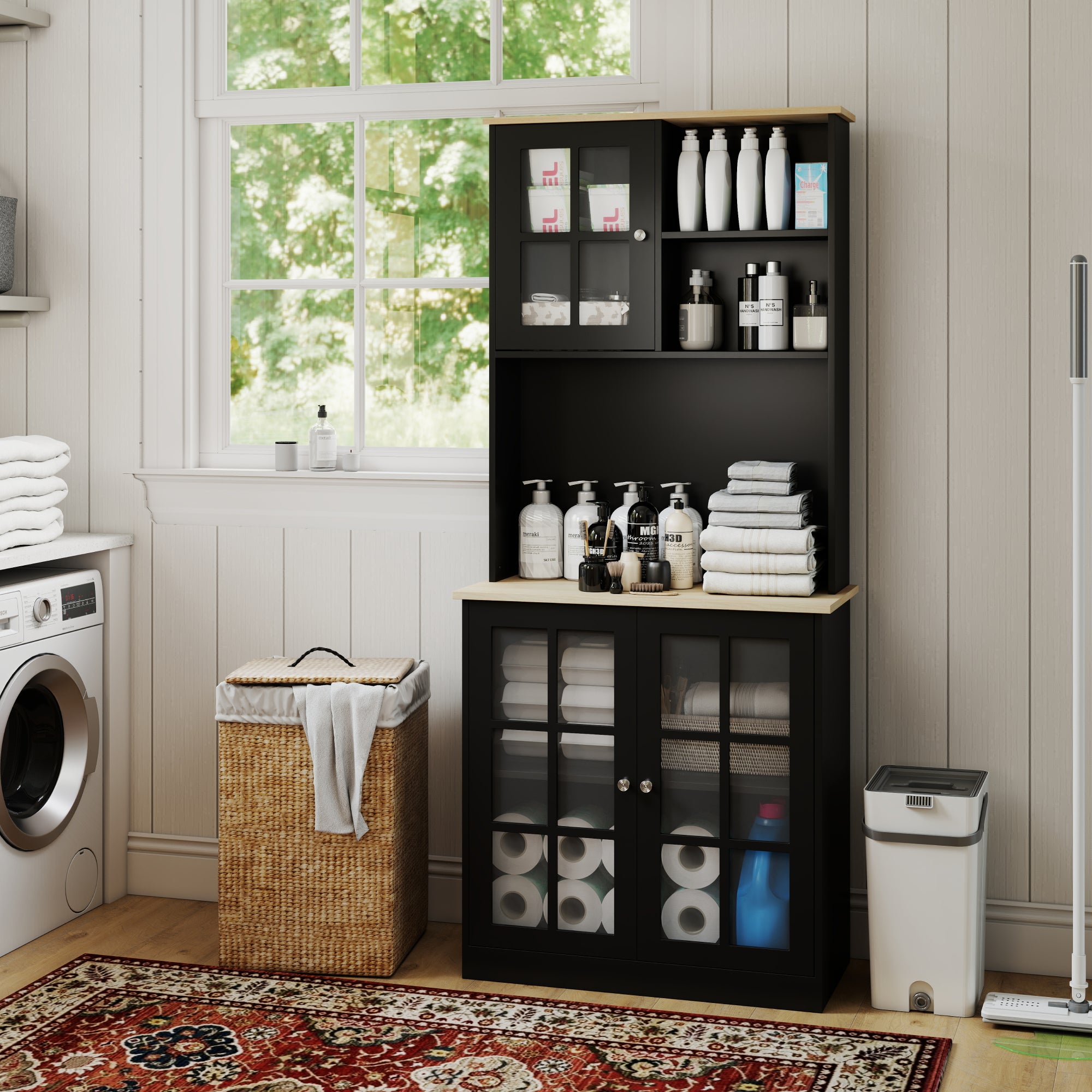 Kitchen Buffet with Hutch, Storage Pantry with 3 Cabinets, 2 Open Shelves and Large Countertop, Black