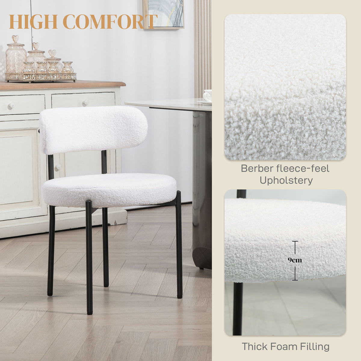 4 Pieces Kitchen Chairs, Modern Dining Chairs w/ Berber Fleece Upholstery and Steel Legs for Living Room, Cream White