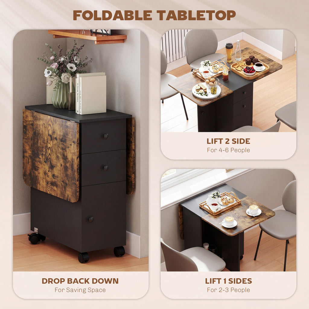 Drop Leaf Dining Table, Mobile Folding Table on Wheels with Drawers and Cabinet for Dining Room, Rustic Brown and Black