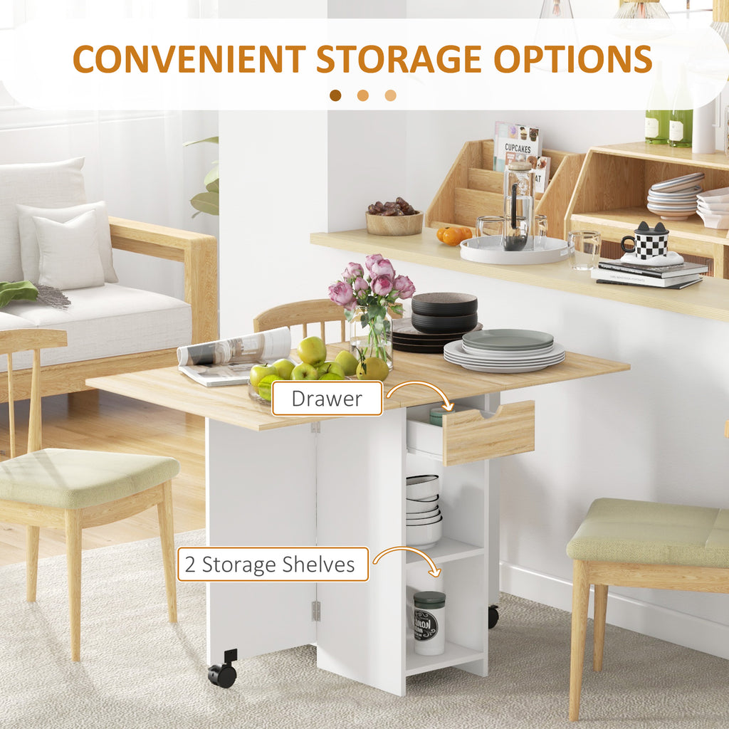 Folding Dining Table, Space Saving Drop Leaf Table with Drawer and Storage Shelves for Kitchen, Dining Room, Oak