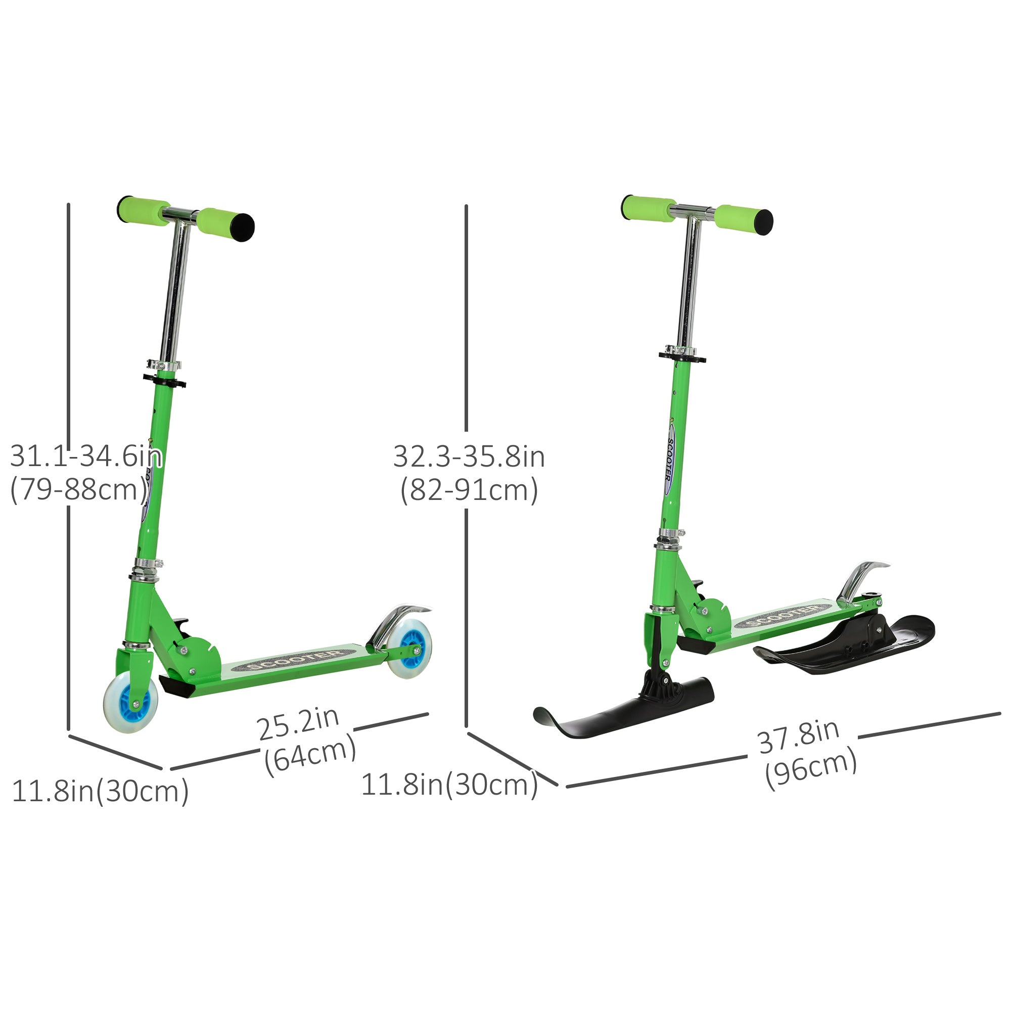 Qaba Snow Scooter, 2 in 1 Design Adjustable Height Scooter Snow Sled for Kids Aged Over 7 Years Old, Foldable Kids Sled Ski Scooter with Wheels Blades, Green