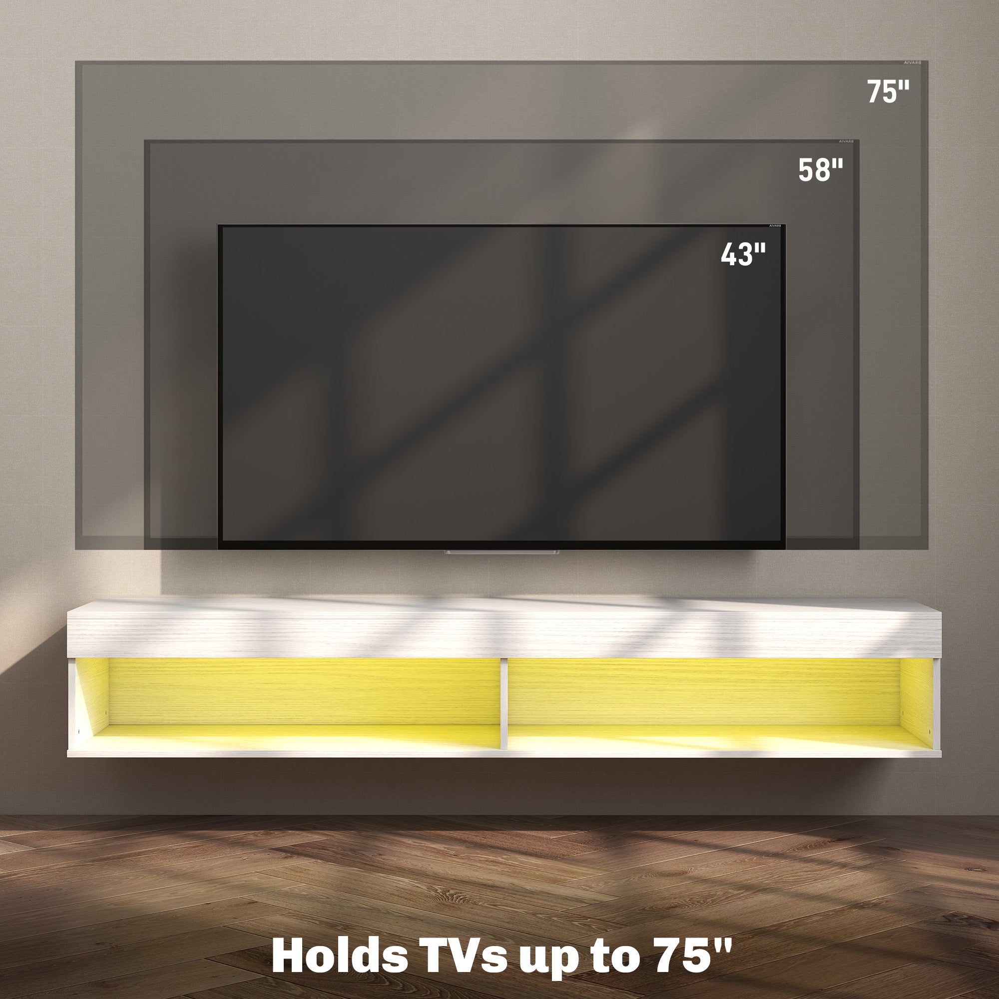 Modern Wall Mounted TV Stand with Storage and LED Lights for TVs up to 75", Floating TV Shelf for Living Room, Black