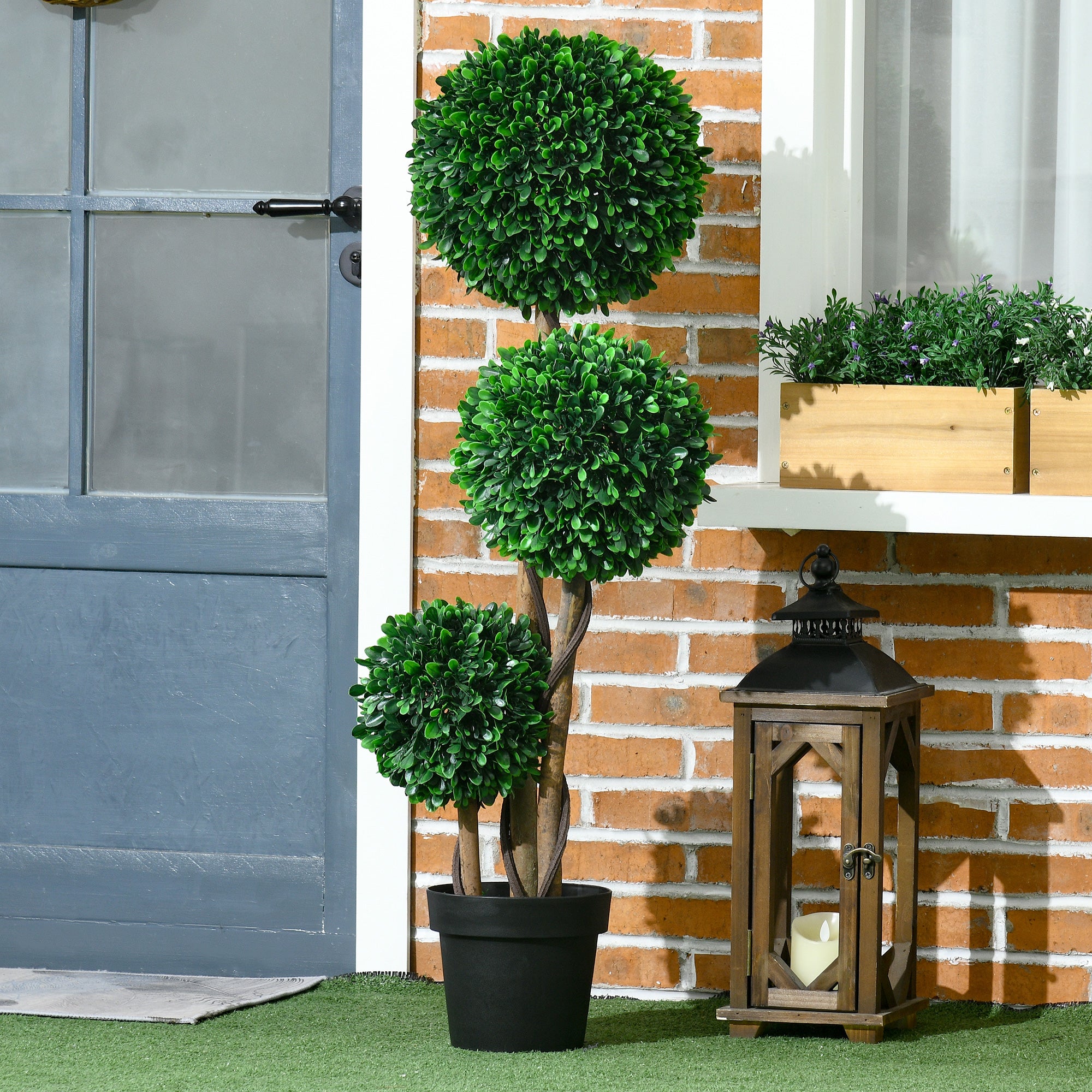 3ft Artificial Tree, Triple Ball Boxwood Topiary with Pot and Sandalwood Leaves, for Indoor Outdoor Home