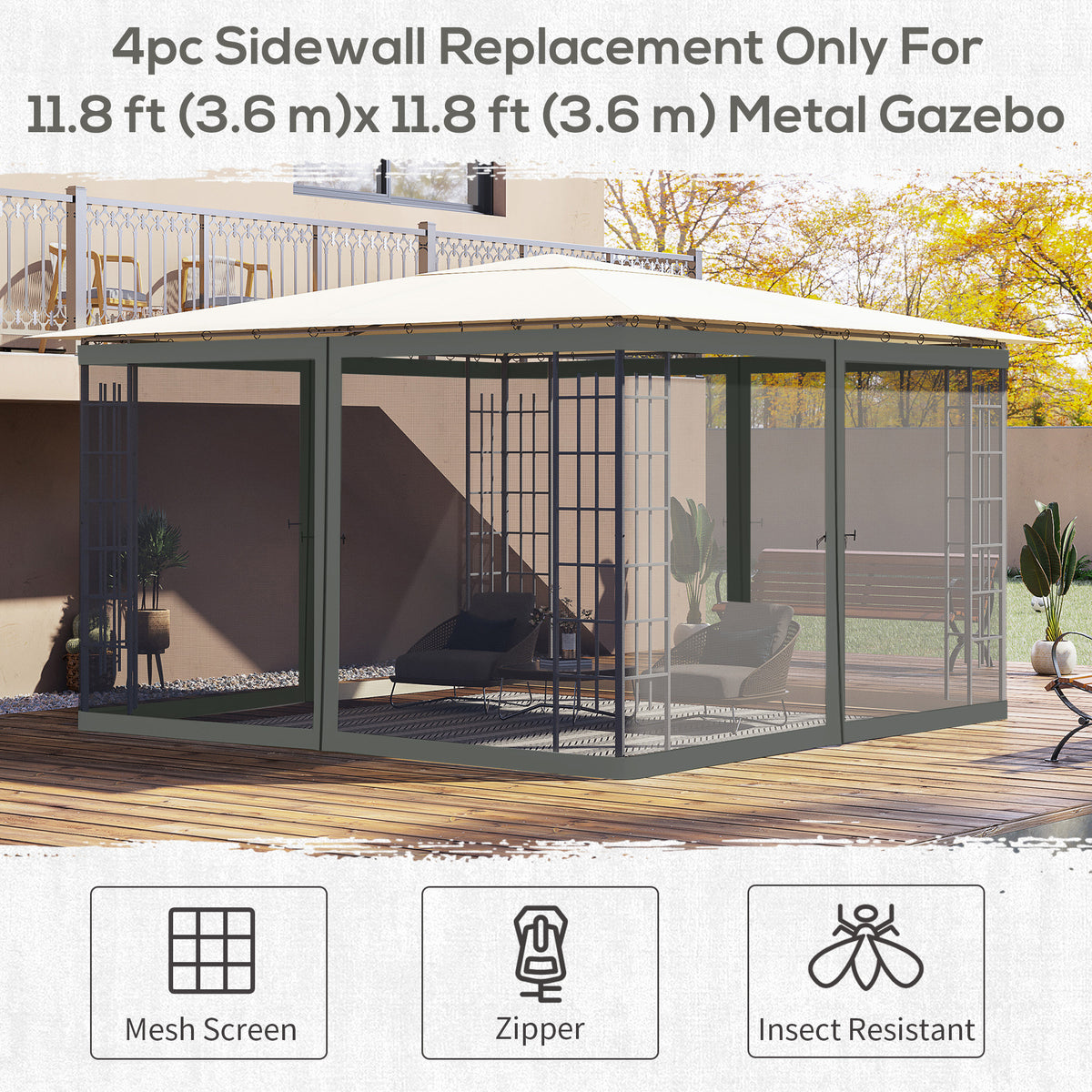 Replacement Mosquito Netting for Gazebo 10' x 12' Black Screen Walls for Canopy with Zippers, White