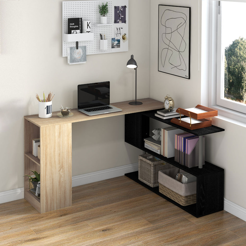 55" Corner Computer Desk, 360° Rotating L-Shaped Desk, Home Office Workstation with 3-Tier Shelves, Bookshelf, White