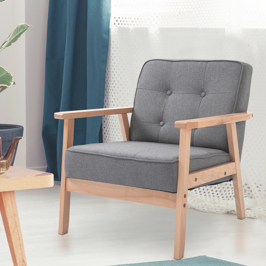 Mid-Century Accent Chair Modern Fabric Upholstered Tufted Back Lounge Sofa Seat - Grey