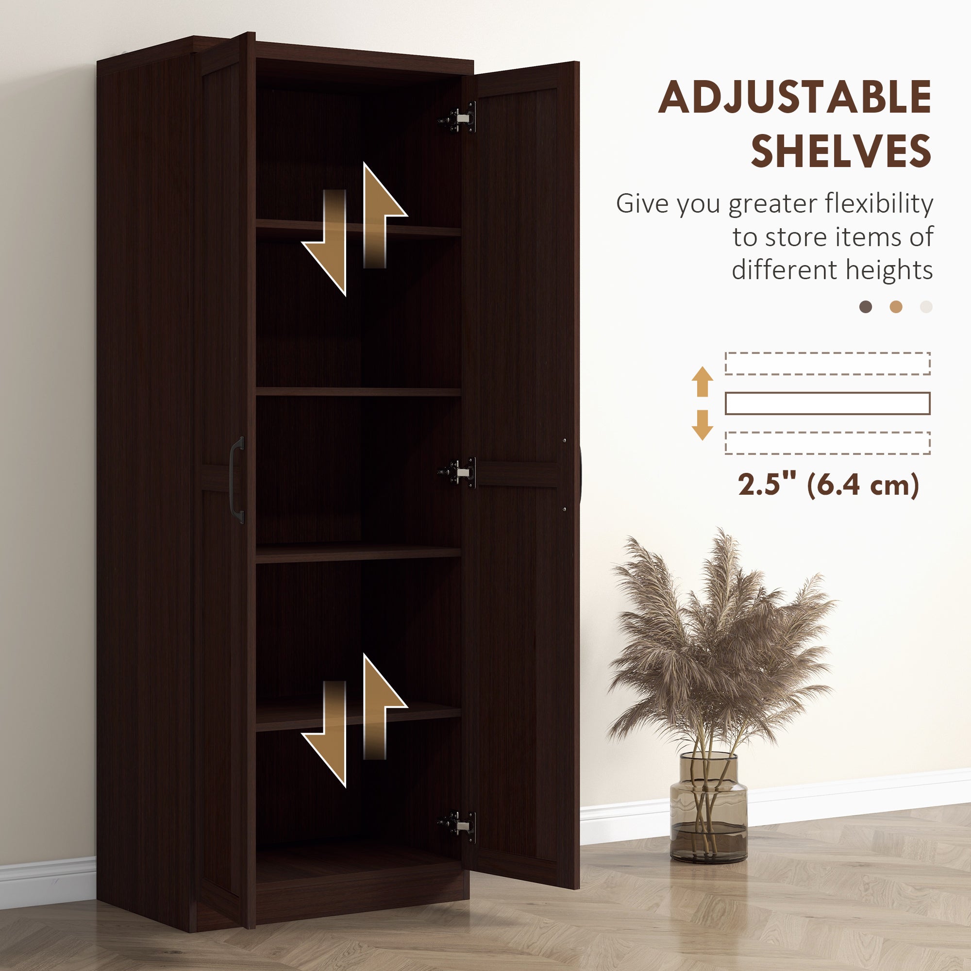 63" Kitchen Storage Cabinet, 5-tier Pantry Cabinet with Doors and Adjustable Shelves for Dining Room, Dark Brown