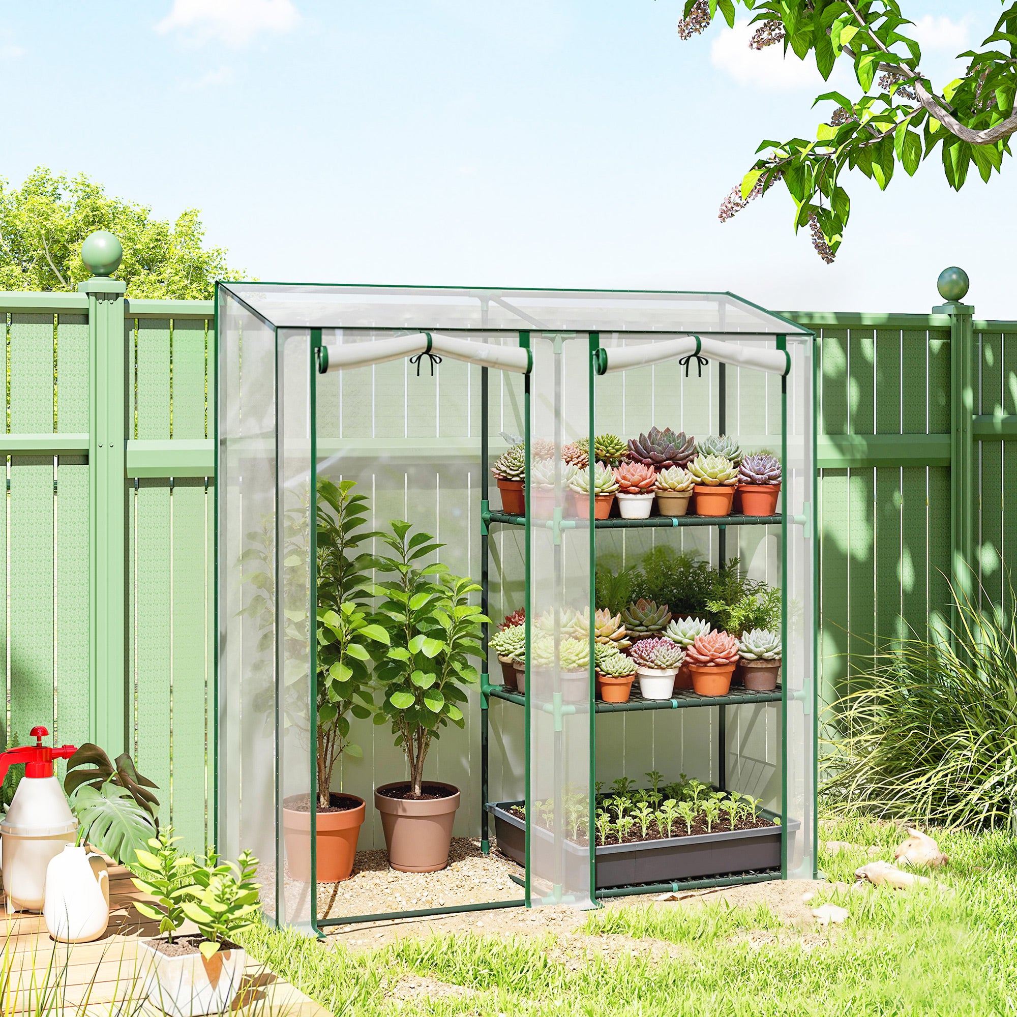3 Tier Mini Greenhouse, Portable Greenhouse with 2 Roll-up Doors, 56.3" x 18.1" x 64.6", Clear