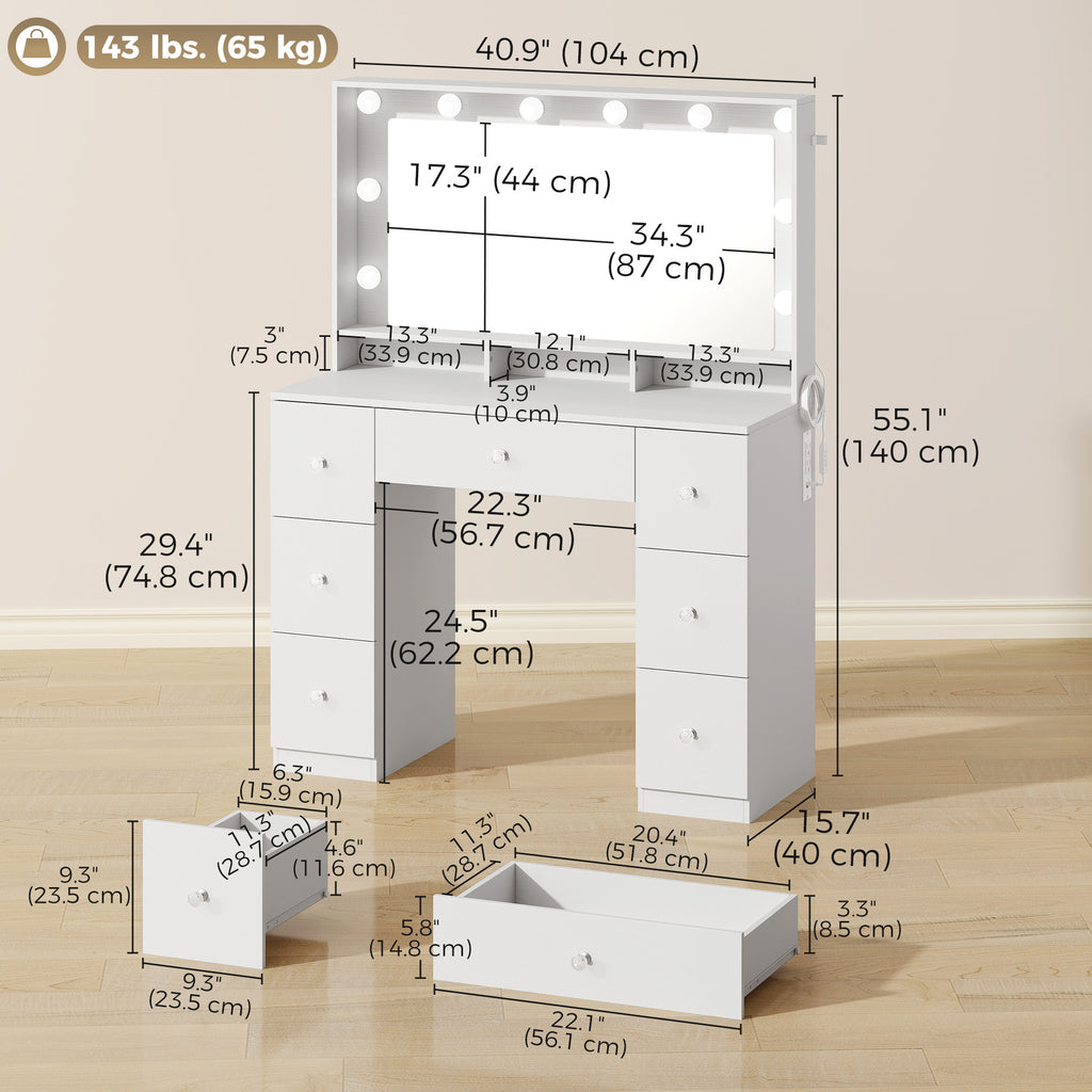 Vanity Desk with 10 Dimmable LED Lights, Mirror Dressing Table with 7 Drawers and Charging Station, White
