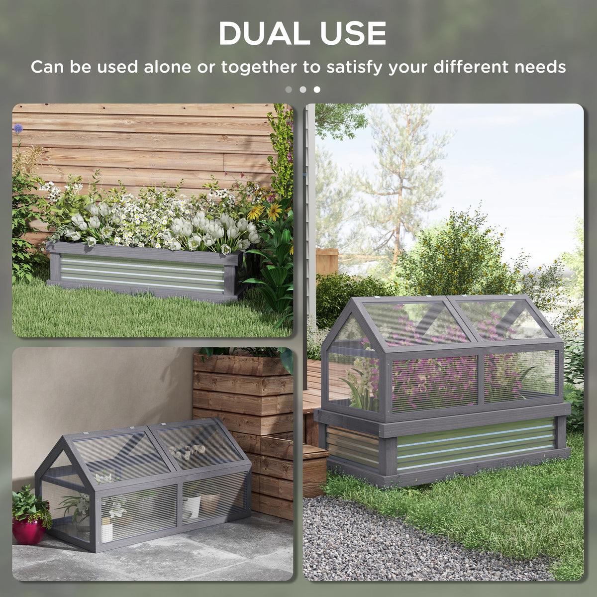 Raised Garden Flower Bed Kit with Greenhouse, Wooden Cold Frame Planter with Open Roofs, 48" x 24" x 32", Grey