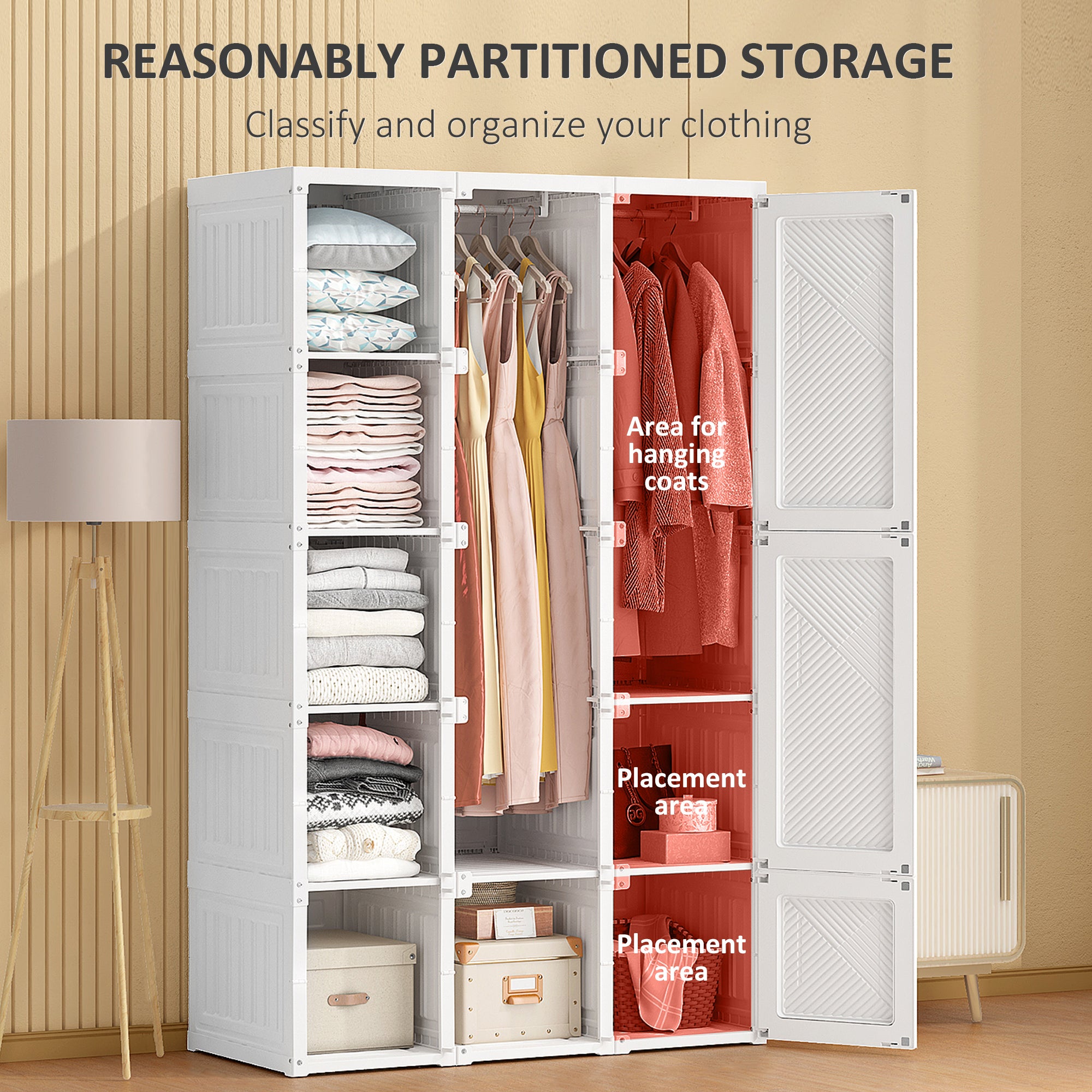 Portable Wardrobe Closet, Folding Bedroom Wardrobe, Clothes Storage Organizer with 8 Cube Compartments, White