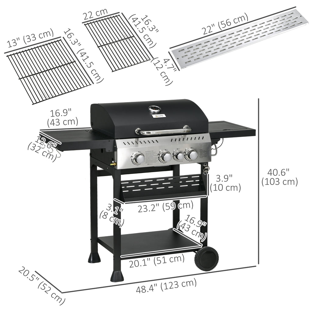 40,000 BTU Propane Gas Grill BBQ Cart with 4 Main Burners, 1 Side Burner, with Warming Rack, Side Prep Tables, Black
