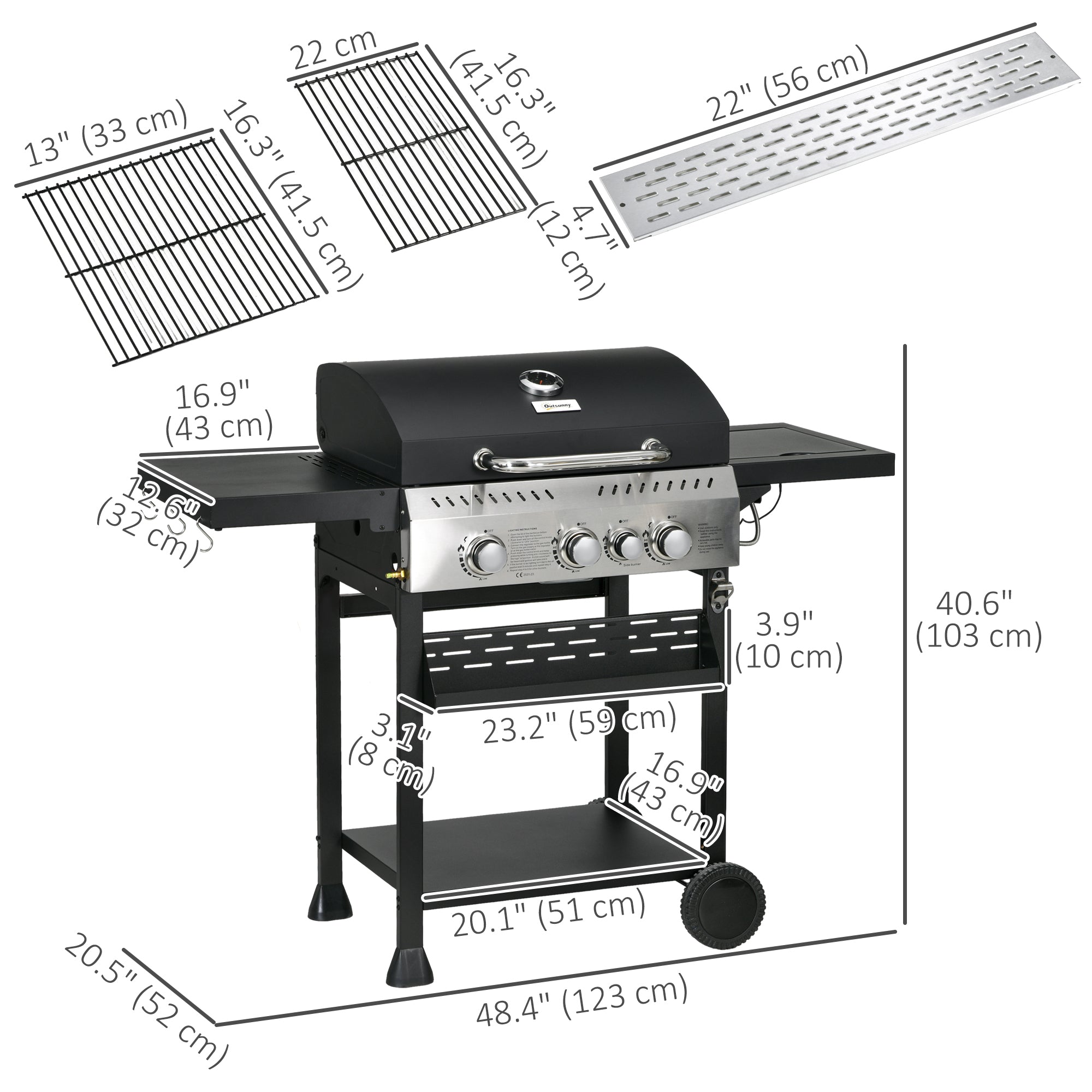 40,000 BTU Propane Gas Grill BBQ Cart with 4 Main Burners, 1 Side Burner, with Warming Rack, Side Prep Tables, Black