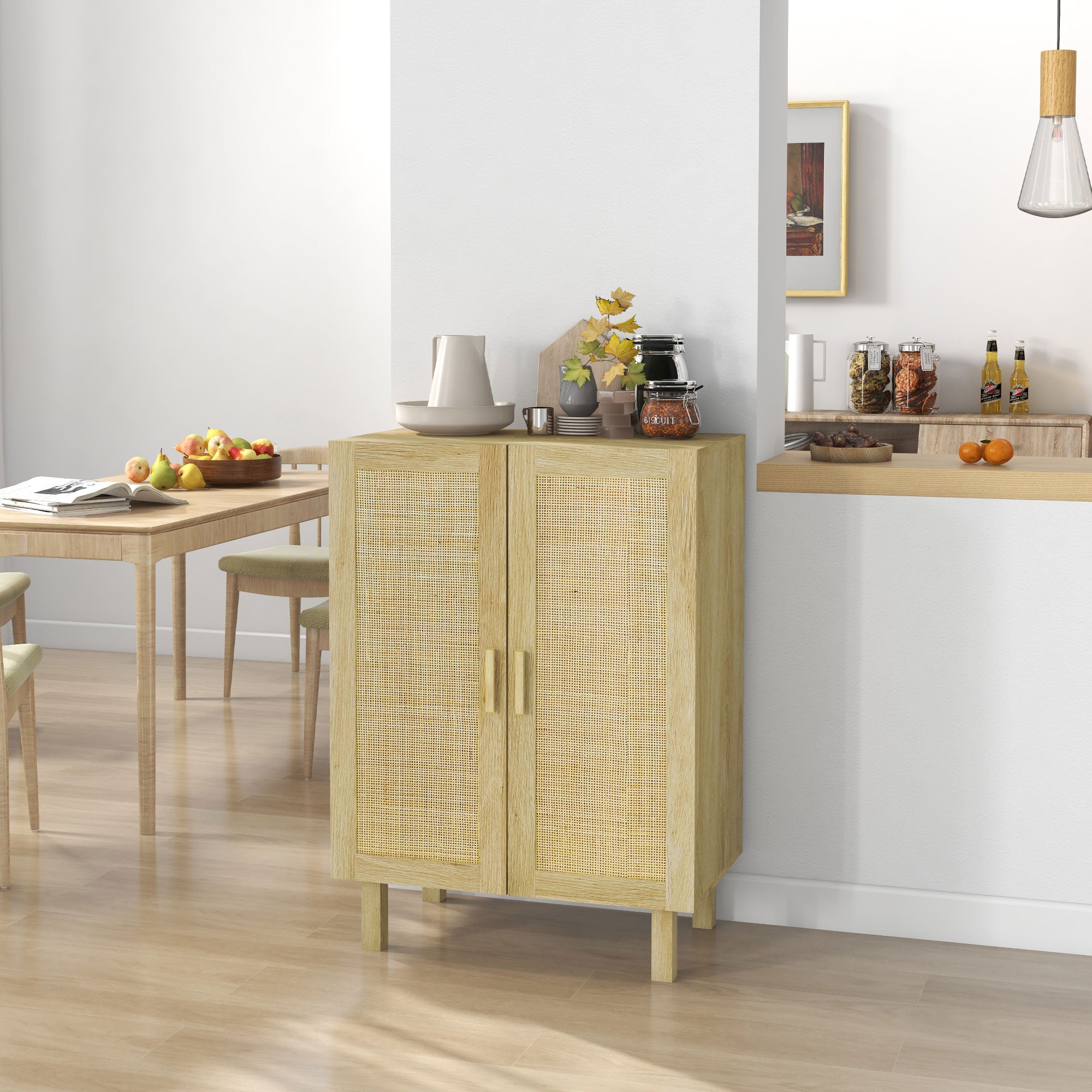 Boho Sideboard, Buffet Cabinet with Storage, Accent Cabinet with 2 Rattan Doors and Adjustable Shelves, Natural
