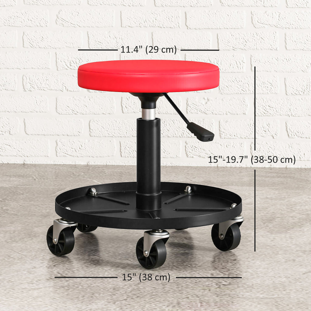 Rolling Garage Stool, 300 LBS Capacity Padded Mechanic Stool with 2.5" Wheels, Adjustable Height 15" -19.7", Red