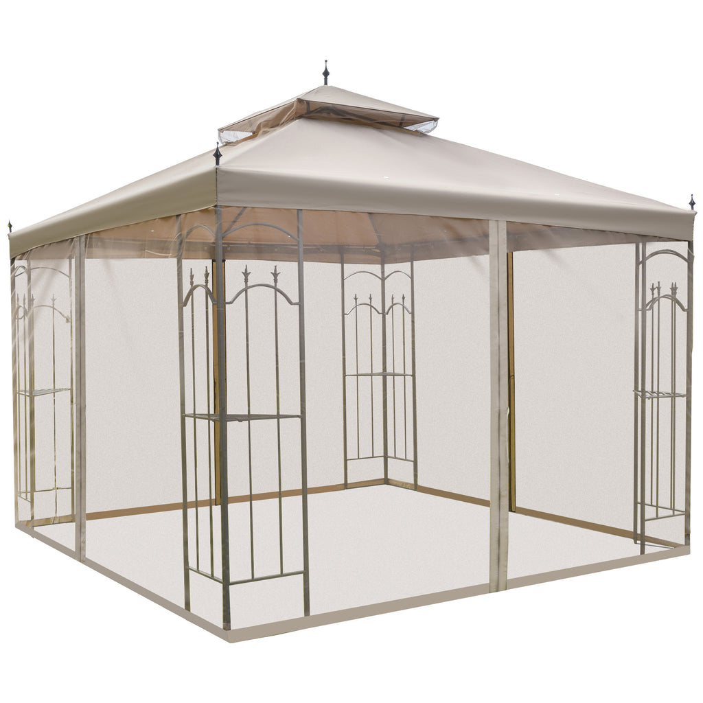 10' x 10' ብረታዊ ደጋዊ ጋዜቦ ካኖፒ ተንቀሳቓሲ መርበብ መጋረጃታት፣ መሸጡሪ መደርደሪታትን ብረታዊ ፍሬምን ዘለዎ፣ ቡናዊ