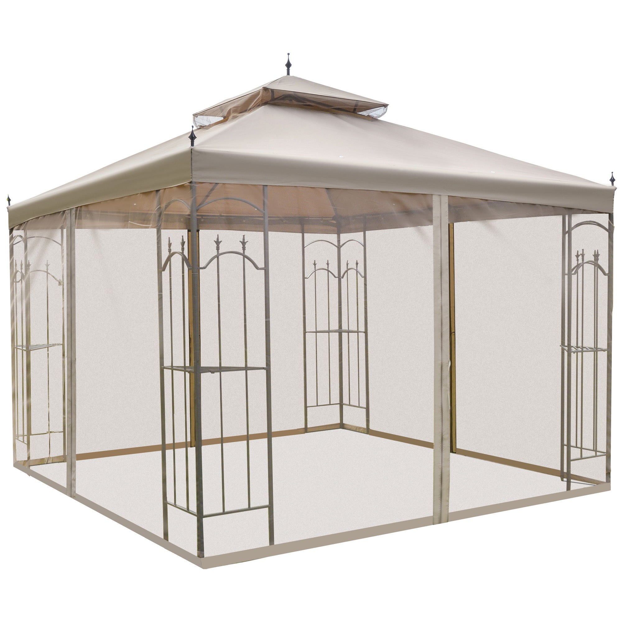 10' x 10' ብረታዊ ደጋዊ ጋዜቦ ካኖፒ ተንቀሳቓሲ መርበብ መጋረጃታት፣ መሸጡሪ መደርደሪታትን ብረታዊ ፍሬምን ዘለዎ፣ ቡናዊ