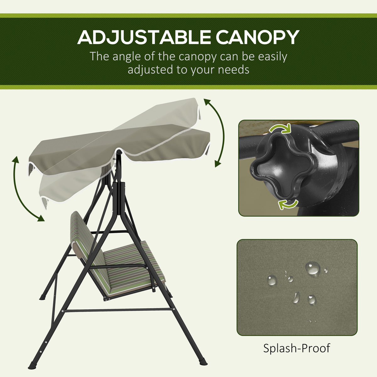 3-Seater Outdoor Porch Swing with Adjustable Canopy, Patio Swing Chair for Garden, Poolside, Backyard, Green and White
