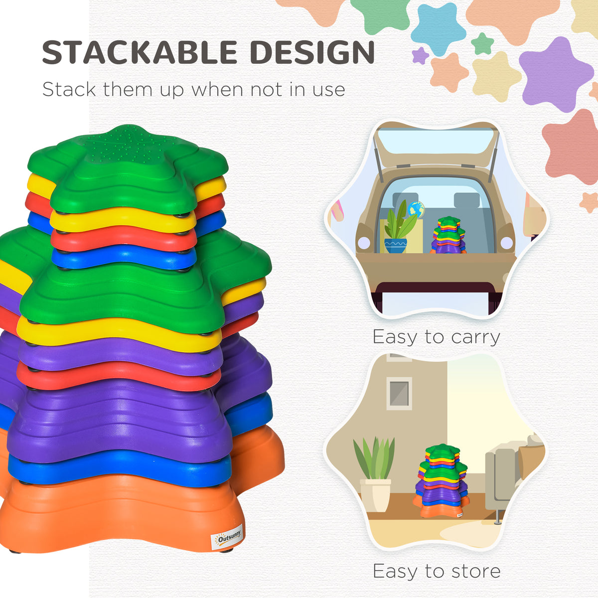 11PCs Larger Size Balance Stepping Stones for Kids with Non-slip Bottom, Stackable Obstacle Course Outdoor Indoor, Play River Rocks with Starfish Style