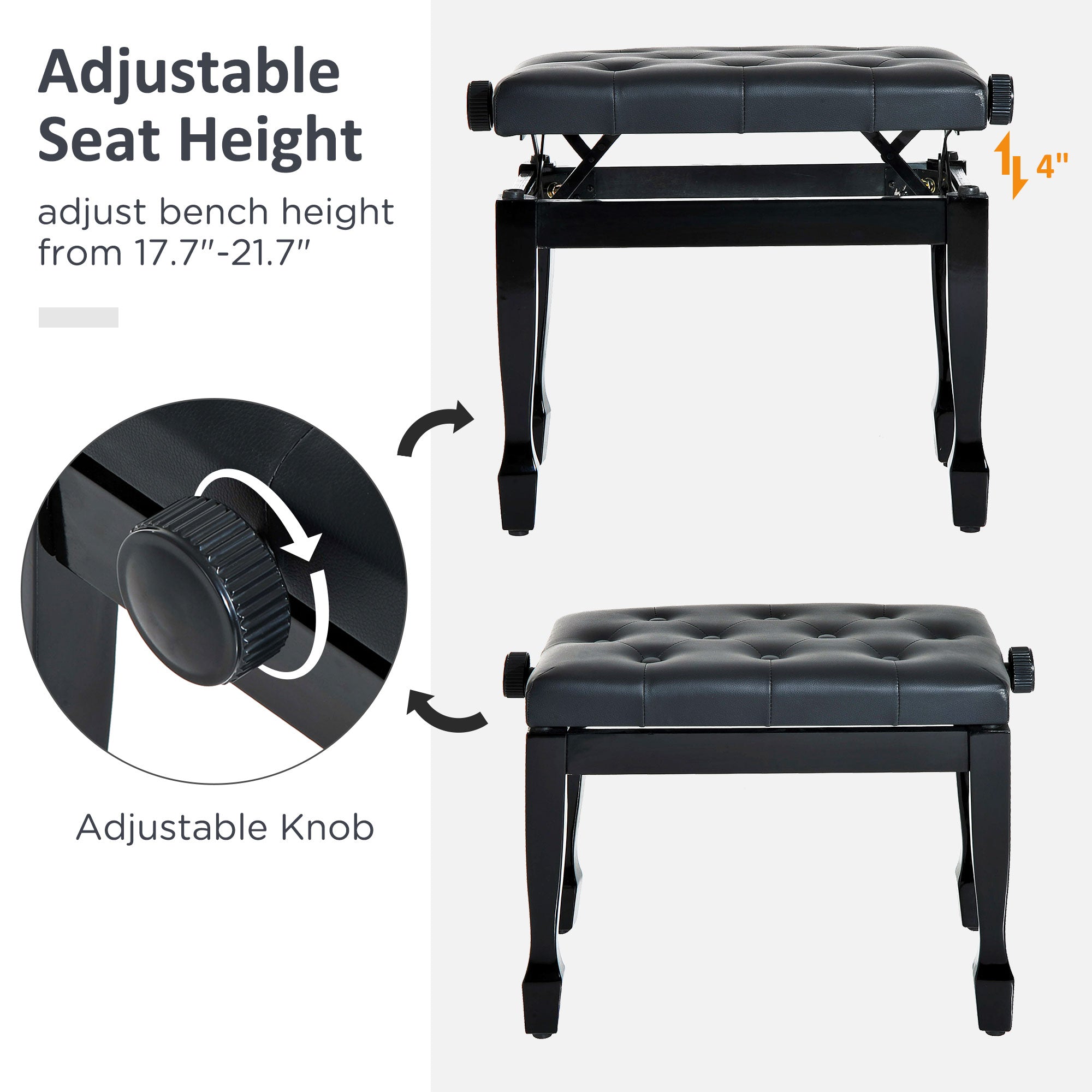 25" Adjustable Height Piano Bench with Padded Cushion, Keyboard Seat with Solid Wood Legs, Black