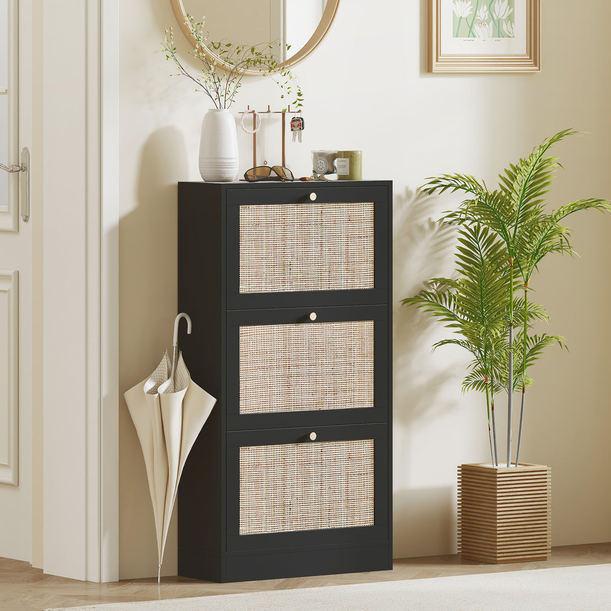 Rattan Shoe Storage Cabinet with 3 Flip Drawers and Adjustable Shelves, Entryway Shoe Cabinet for 18 Pairs, Black