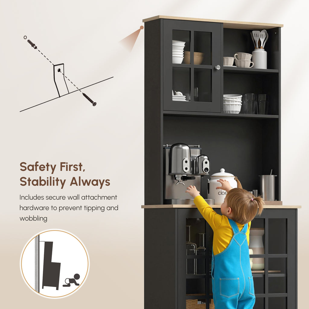Kitchen Buffet with Hutch, Storage Pantry with 3 Cabinets, 2 Open Shelves and Large Countertop, Black