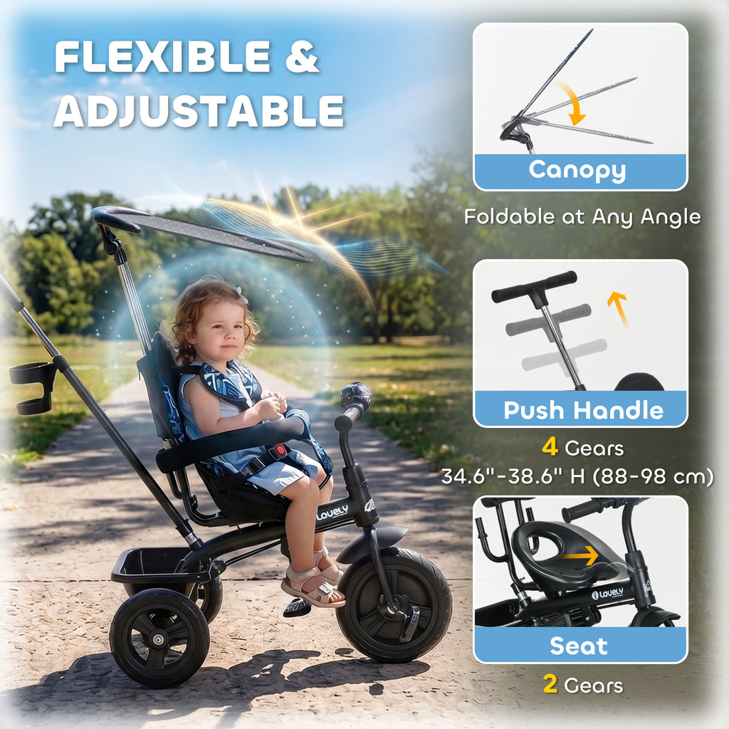 Qaba 6 in 1 Kids Tricycle with Removable Handlebar and Canopy, Navy Blue