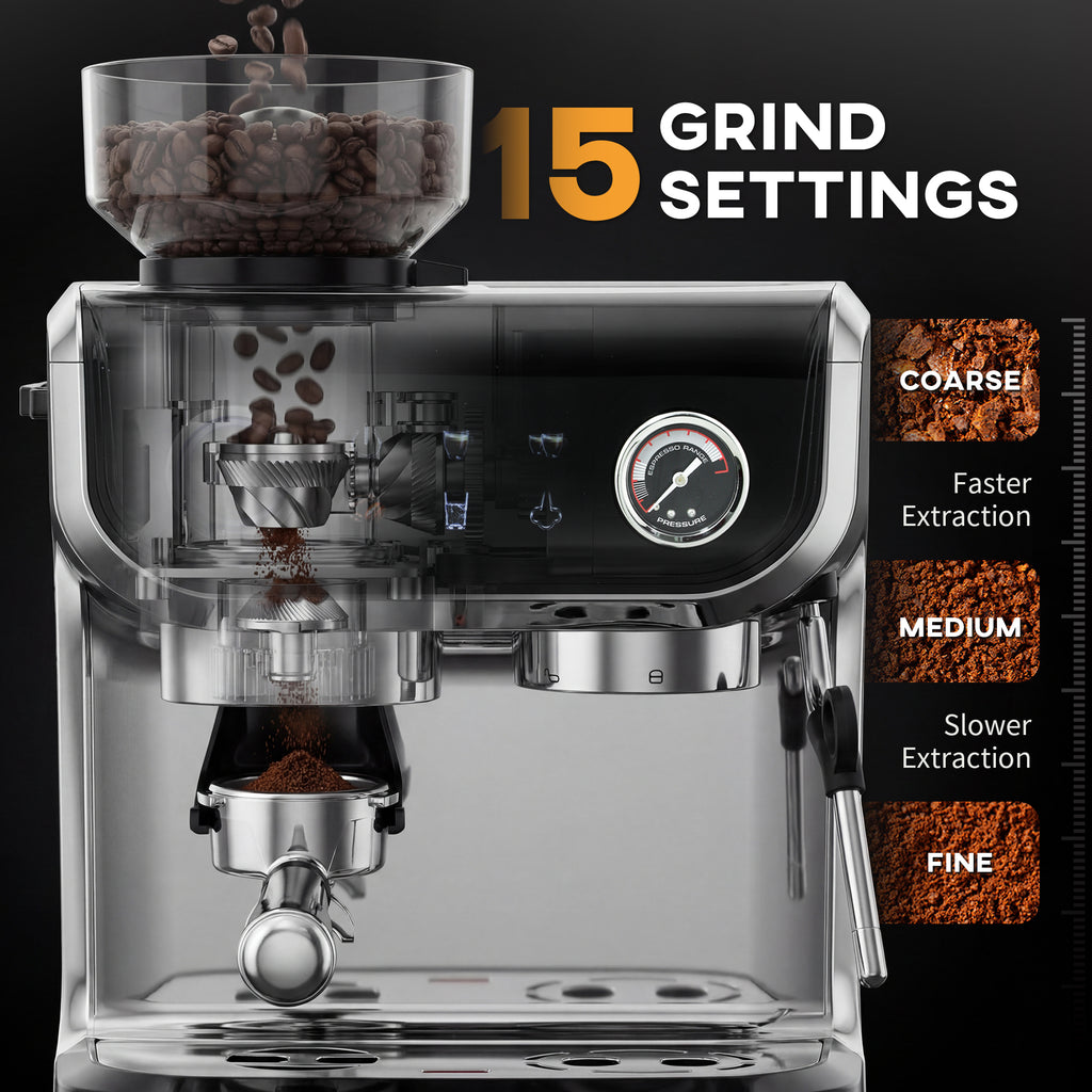 15 Bar Coffee Maker Espresso Machine with Grinder Milk Frother Stainless Steel Espresso Maker for Cappuccino Latte Black