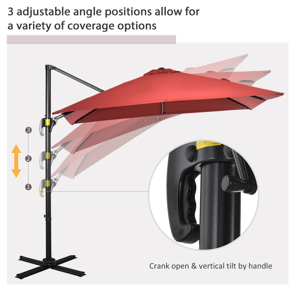 8' x 8' Square Patio Hanging Offset Umbrella with 360° Rotation, Aluminum Outdoor Cantilever Parasol with Crank & Tilt, Sun Canopy Shelter with Cross Base, Wine Red
