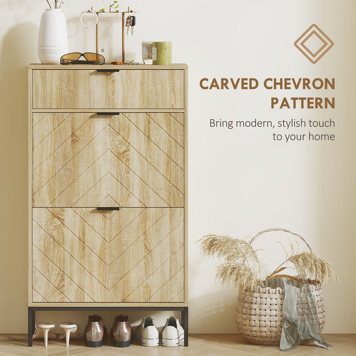 خزانة أحذية ضيقة بأدراج قلابة، خزانة أحذية بأرفف قابلة للتعديل، درج منزلق، تتسع لـ 8 أزواج، لون خشبي بلوطي