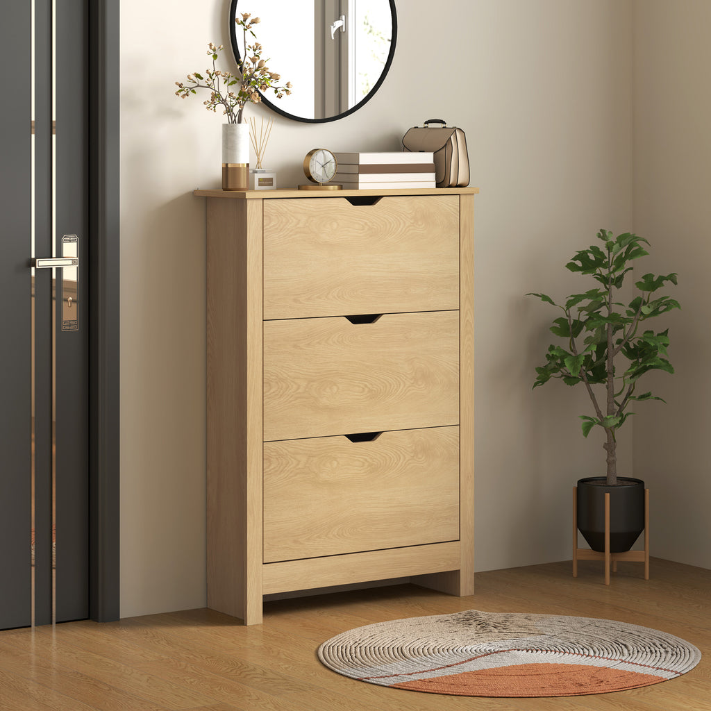 Shoe Storage Cabinet with 2 Flip Drawers and Adjustable Shelves for 8–12 Pairs of Shoes, Natural Wood