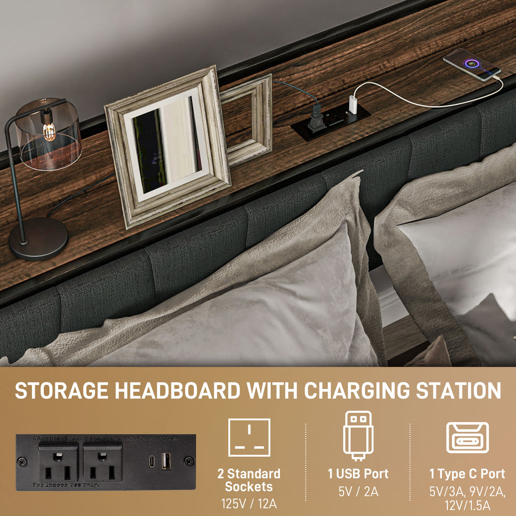 Queen Size Bed Frame with Charging Station, Queen Bed Frame with Upholstered Headboard and Storage Shelf, Walnut