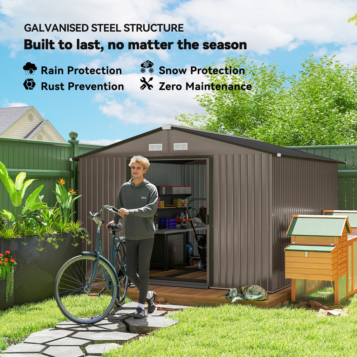 11' x 13'Garden Storage Shed w/ Foundation Kit Metal Tool Storage House w/ Double Doors Yellow