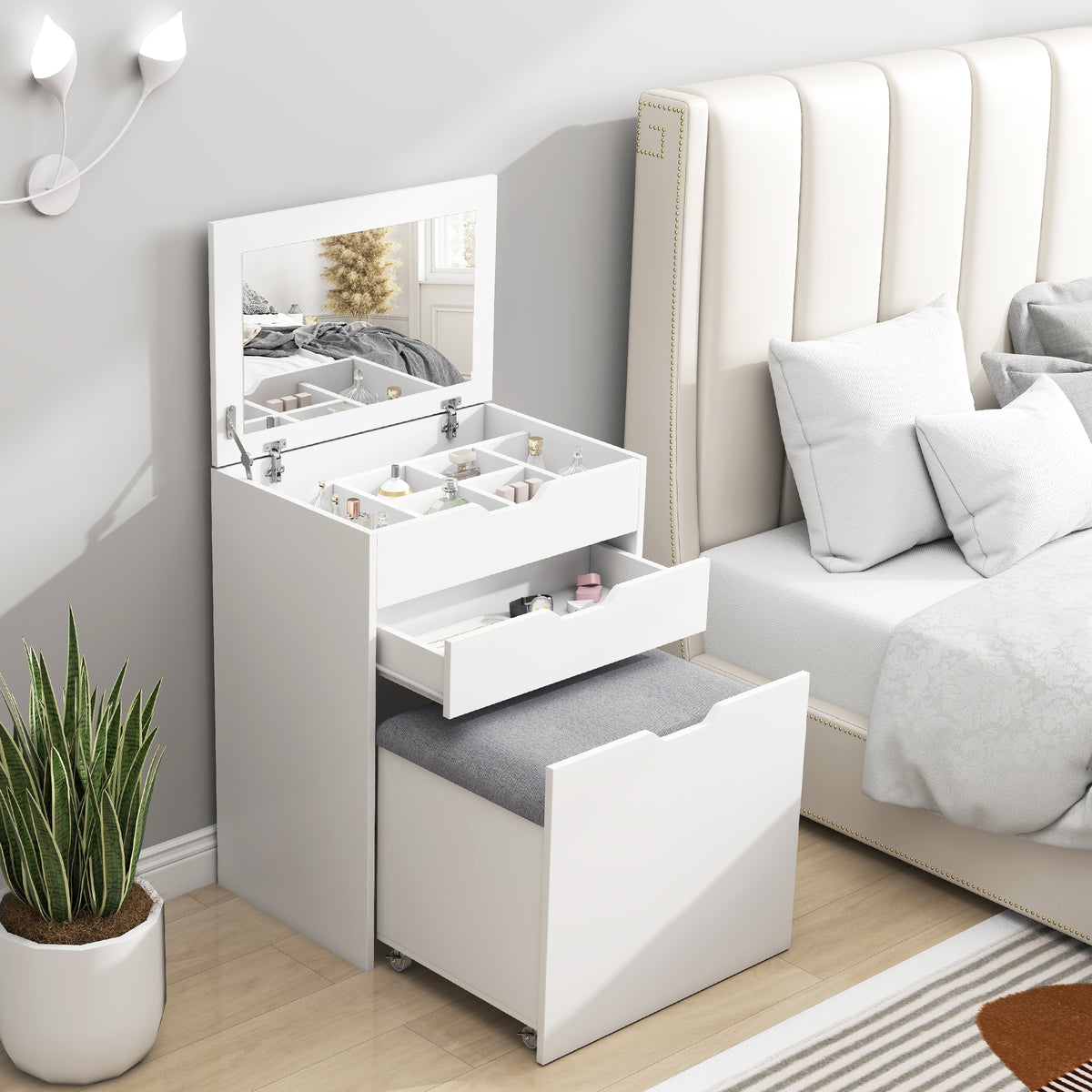 Vanity Set with Flip Top Mirror, Makeup Vanity Desk with Stool, Dressing Table with Drawer and 7 Compartments, White