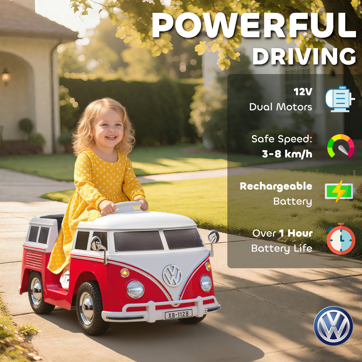 Qaba 12V Kids Ride on Car, Lisensed Volkswagen T1 Electric Vehicle with Dual Motor and Soft Start for 3-7 Years, Red