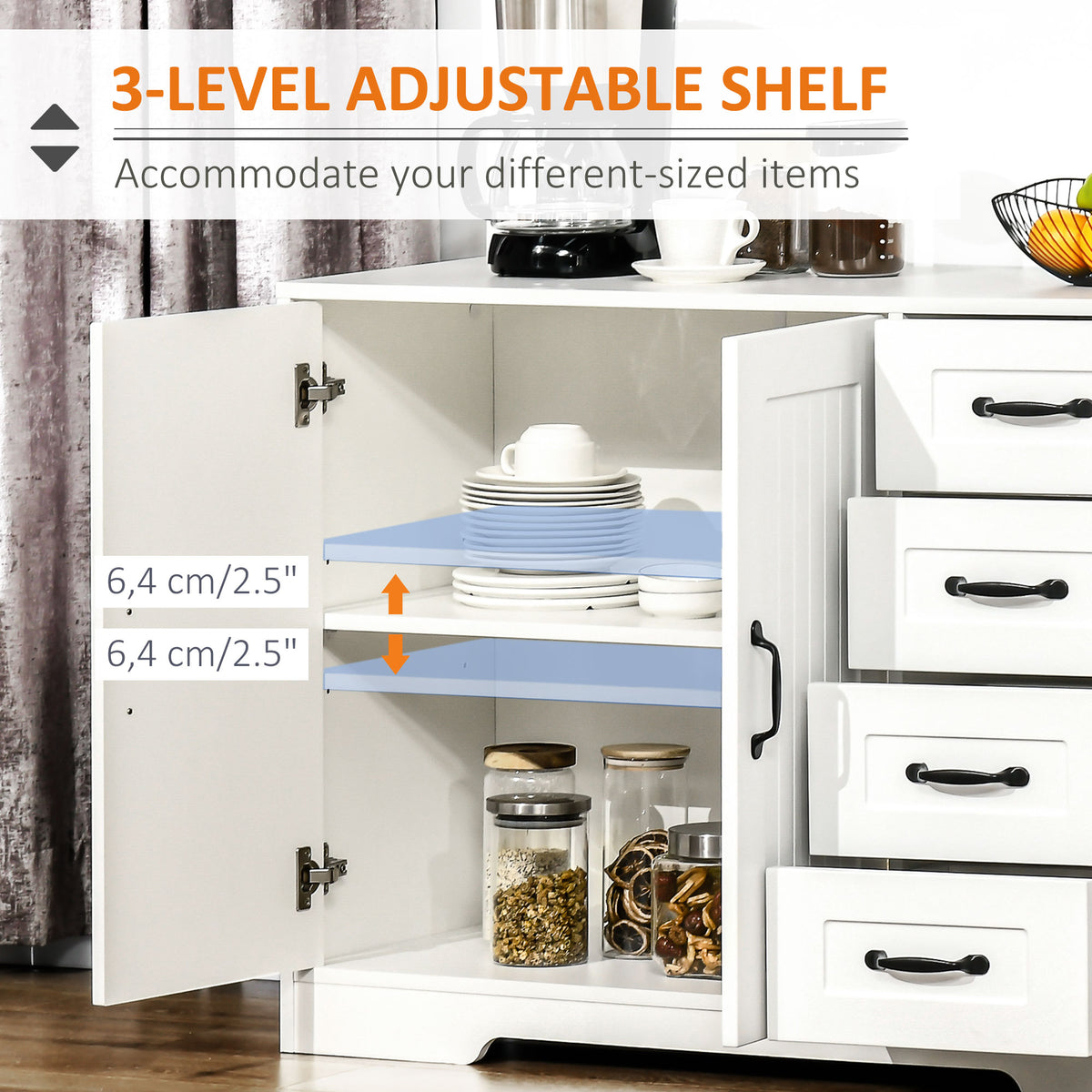 Modern Sideboard Buffet Cabinet with Drawers and Beadboard Door Cupboard Kitchen Storage Cabinet White