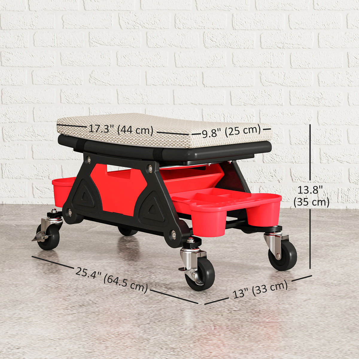 Rolling Garage Stool with Wheels, 300 LBS Capacity Padded Mechanic Stool with Tool Trays Storage, Grey