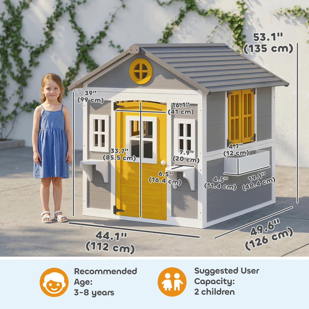 Wooden Playhouse for Kids Outdoor with Door, Windows, Planter Pots and Boxes for Toddlers 3-8 Years, Grey