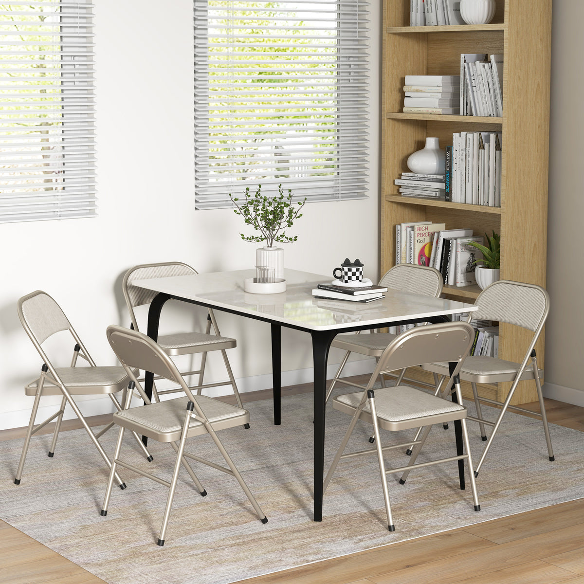 Set of 6 Metal Foldable Chairs, Faux Linen Padded Folding Chairs with Cushion Seat and Open Back for Indoor, Beige