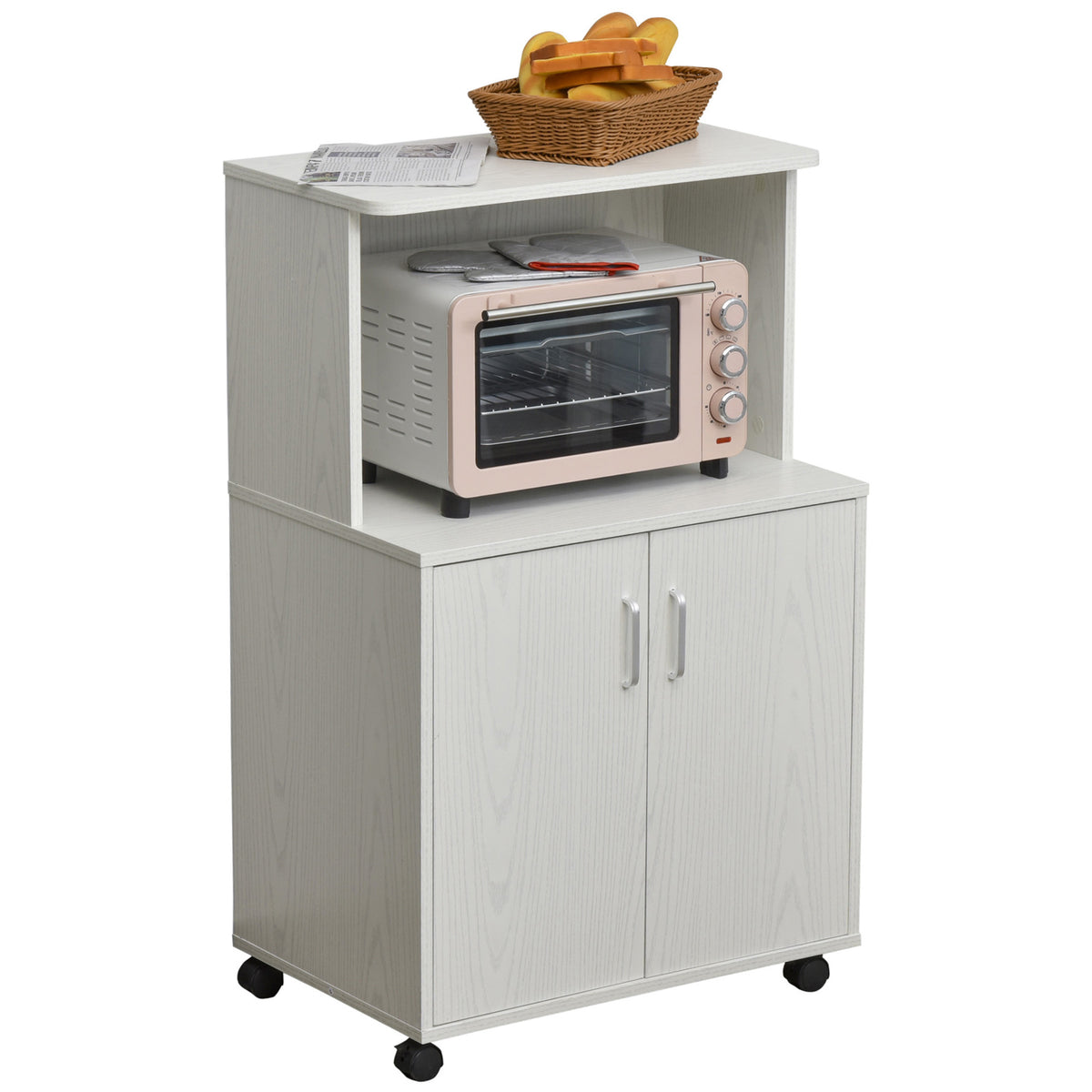 Microwave Cart on Wheels Utility Trolley Storage Sideboard Bookcase with 2-door Cabinet, White Oak