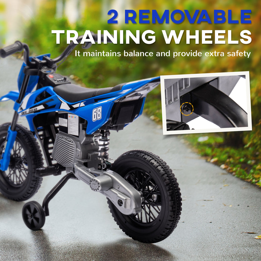 Qaba 12V Kids Dirt Bike, Electric Motorcycle with Twist Grip Throttle, Training Wheels, Rear Suspension & Music, Blue