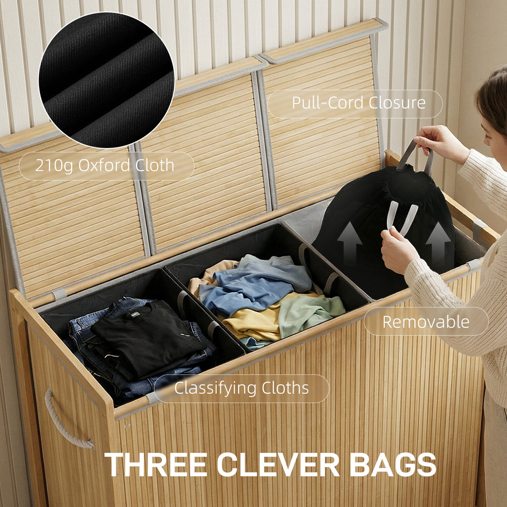 Bamboo Laundry Hamper with Removable Drawstring Bag and Side Storage Pockets, 20 Gal, Natural