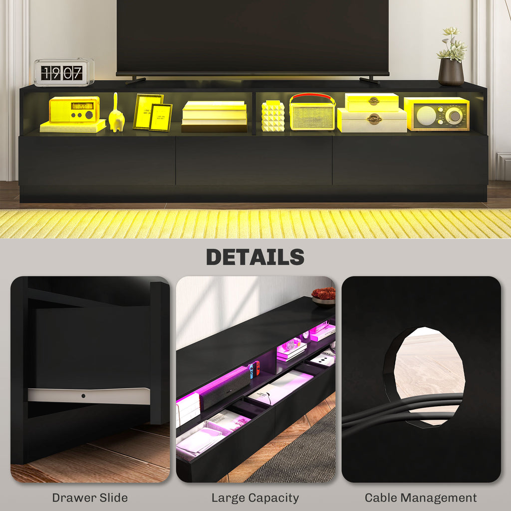 LED ብርሃን ዘለዎ ቲቪ ስታንድ ክሳብ 75" ቲቪ ዝድግፍ፣ ዘመናዊ ቲቪ ካቢኔት ምስ መደርደሪ መሳልብ ንእንዳ መዕበዪ፣ ልዑል ግላይ ጻዕዳ