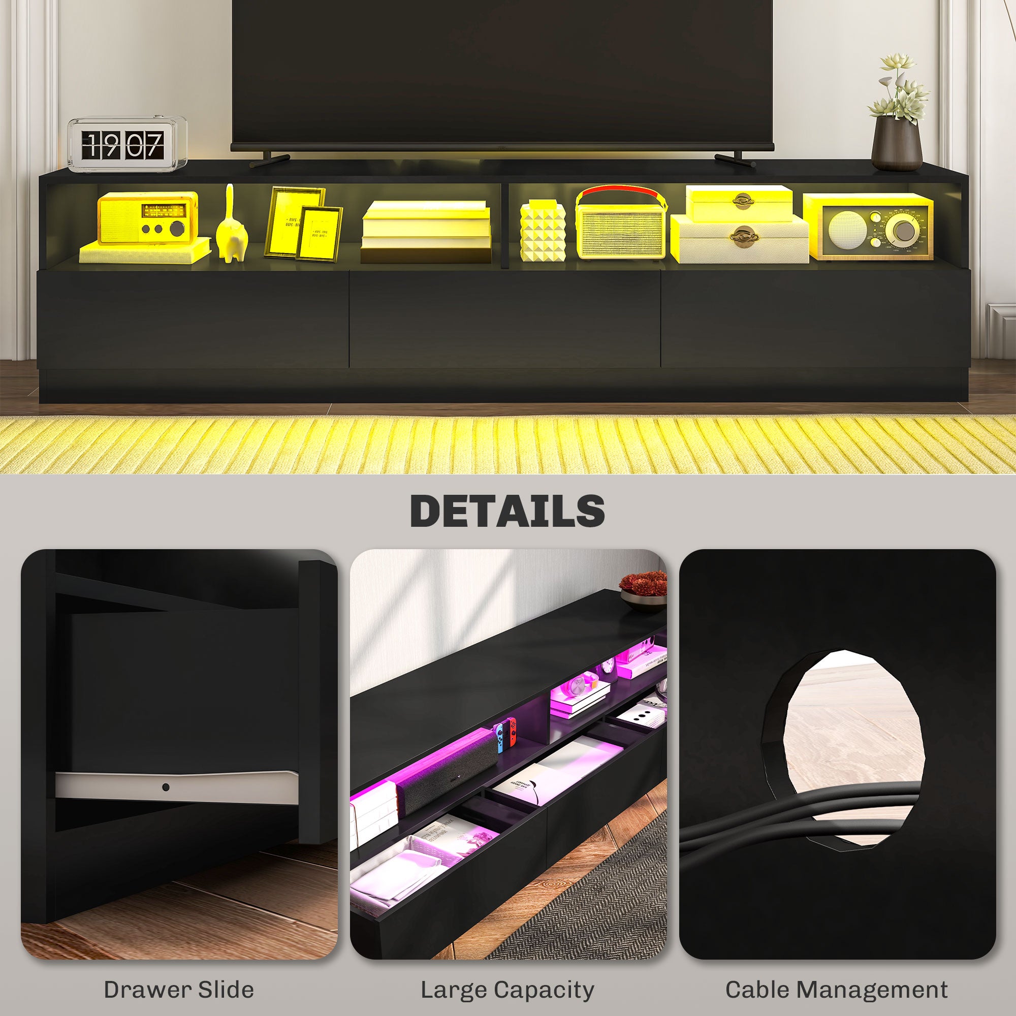 LED ብርሃን ዘለዎ ቲቪ ስታንድ ክሳብ 75" ቲቪ ዝድግፍ፣ ዘመናዊ ቲቪ ካቢኔት ምስ መደርደሪ መሳልብ ንእንዳ መዕበዪ፣ ልዑል ግላይ ጻዕዳ